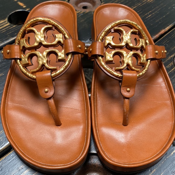 Tory Burch Gold Metal Logo & Studded Miller Cloud Sandals - Picture 6 of 16